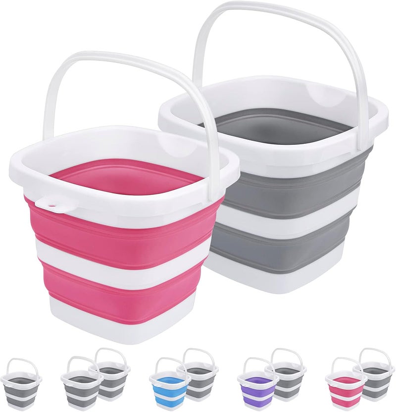 Craftend 2 Pack Collapsible Buckets 5L 1.3Gallon Small Cleaning Bucket for Household Portable Plastic Bucket Outdoor Car Washing Tub Foldable Camping Beach Sand Water Pot Pail Space Saving Square Grey and Pink - Image 1